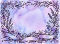 Ornate floral frame with lavender flowers and decorative scrollwork on watercolor background, suitable for invitations, greeting cards, and design templates.