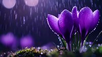 Purple crocus flowers blooming in spring rain with water droplets on petals against blurred background for seasonal garden and nature concepts.