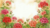 Watercolor geranium floral frame with pink and red blooms, green leaves, soft warm background, copy space for text or greeting card design.