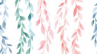 Delicate watercolor branches with hanging leaves in soft pink, mint green, and blue create a seamless repeating pattern on white background. Gentle botanical design for fabric and paper.