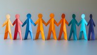 Colorful paper cutout figures holding hands in row symbolizing unity, diversity, teamwork and community support on neutral background. For social media and presentations.