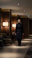 Professional blonde businesswoman in elegant black coat walking through luxury hotel lobby with warm wood paneling and modern furniture for corporate travel.