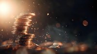 Stack of golden coins in dramatic lighting with bokeh effects and falling coins against dark background, symbolizing wealth, financial success and investment growth.