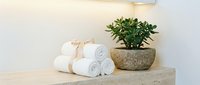 Spa wellness setup with rolled white towels tied with ribbon and succulent plant in ceramic pot on wooden shelf for relaxation and self-care concepts.