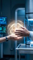 Two hands holding glowing energy sphere in futuristic laboratory setting with digital displays and advanced technology equipment in background for innovation and science concepts.