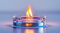 Glowing candle flame reflected in water drops on glass surface with vibrant blue and orange light creating peaceful atmospheric mood.