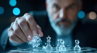 Mature businessman playing strategic glass chess game in dark room with blue lighting, focused on making crucial move with chess pieces.