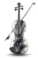 Monochromatic violin with bow in black and white tones, isolated on white background. Classical musical instrument with detailed craftsmanship and elegant design.