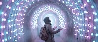 Young adult traveler with backpack standing in glowing tunnel of lights, looking up in wonder. Spiritual quest and life transformation concept.