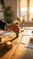 Businessman hand placing green peg on wooden desk in sunny office with documents and plants, representing business growth, strategy, and career development planning.