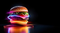 Glowing neon hamburger with colorful light effects floating on reflective surface against dark background, creative fast food concept with vibrant colors.