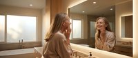 Young woman applying skincare routine in modern bathroom mirror reflection morning self-care ritual wellness beauty treatment daily habits.