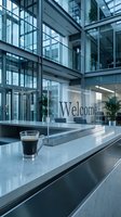 Modern corporate reception desk with welcome sign and espresso cup in a bright glass office lobby interior.