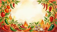 Spicy hot chili peppers and sauce bottles frame a warm cream background, perfect for food packaging, recipe blogs, restaurant menus, and culinary designs.