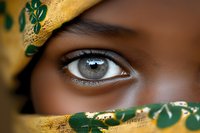Close-up of an expressive gray eye with dark skin partially covered by yellow and green floral fabric, capturing cultural diversity and natural beauty in intimate detail.