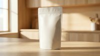 White blank stand-up pouch mockup on wooden table in warm kitchen interior, ready for branding and packaging design presentation.