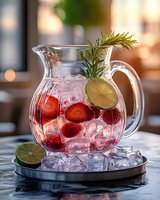 Refreshing strawberry lemonade pitcher with lime slices, ice cubes and rosemary garnish on marble surface. Soft bokeh background creates cozy atmosphere.
