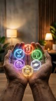 Cupped hands holding glowing colorful orbs with nature and wisdom symbols in warm home interior for environmental awareness and sustainability concepts.