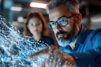 Mature bearded scientist in glasses examining glowing digital DNA structure hologram with female colleague in dark laboratory. Modern genetic research concept.