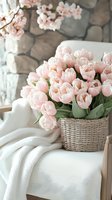 Delicate pink tulips in woven basket on white chair with knitted throw blanket, soft spring blossoms in background creating romantic home atmosphere.