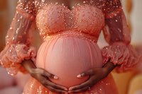 Pregnant woman in elegant coral dress with sequins gently holding belly in maternity photoshoot. Expecting mother in formal gown for pregnancy celebration.