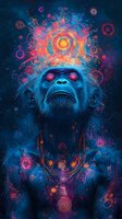 Mystical primate with cosmic energy emanating from head against dark starry background, featuring vibrant neon colors and spiritual symbols in pink and orange hues.