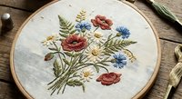 Delicate hand embroidered wildflower bouquet on natural linen fabric in wooden hoop, featuring poppies, daisies and ferns for crafting projects.