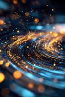 Abstract swirling pattern with glowing golden particles and blue light trails creating dynamic motion effect against dark background, suitable for tech designs.