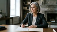 Mature woman with gray hair and light skin tone, wearing professional dark blazer, sitting at wooden desk writing on document in modern office environment with bookshelves.