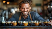 Caucasian male barista with beard presenting coffee tasting flight with various roasts and brewing methods arranged in small glasses on black serving board in cafe setting.