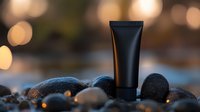 Black cosmetic tube on dark stones with warm bokeh lights background, luxury skincare product photography for beauty and spa marketing.