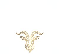 Goat head with curved horns and detailed facial features in gold line art style on white background for branding and design projects.