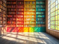 Rainbow colored bookshelf with books arranged by color spectrum in modern library interior with sunlight streaming through window onto wooden floor.