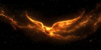 Majestic phoenix bird rising from cosmic flames against starry space background, glowing with intense orange and golden light in dramatic panoramic view.