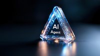 Glowing triangular crystal with AI Agent text on dark background emits futuristic blue light, symbolizing artificial intelligence and technological advancement.