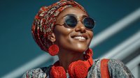 Young African woman wearing colorful headwrap and sunglasses smiling joyfully with red beaded earrings against teal background for lifestyle content.