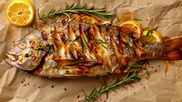 Grilled whole fish with rosemary sprigs and lemon slices on brown parchment paper, seasoned with herbs and spices, golden-brown crispy skin. For menu design.
