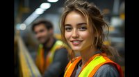 Young female construction worker wearing safety vest smiling at construction site with coworker in background, showcasing diversity in industrial workplace.