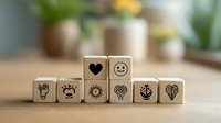 Wooden dice with cute hand drawn symbols including heart, smile face, sun and decorative patterns arranged on wooden table with blurred background.