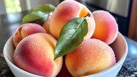 Fresh ripe peaches with water drops and green leaves in white ceramic bowl on dark surface, close up view of juicy summer fruits.