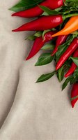 Fresh red chili peppers with green leaves arranged on light linen fabric background, creating diagonal composition with copy space for food design.