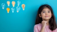 Young Asian girl in pink shirt looking up thoughtfully with illustrated light bulbs floating above, representing creative thinking and imagination on turquoise background.
