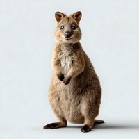 Smiling quokka standing upright on isolated white background, showing characteristic happy expression and brown furry body. Australian marsupial in studio setting.