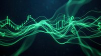 Glowing green neon financial chart with flowing wave lines and stock market data visualization on dark background for trading and investment concepts.