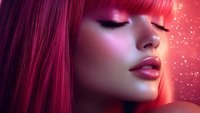Young Asian woman with vibrant pink hair and luminous makeup against glowing red background, eyes closed in serene expression, showcasing professional beauty artistry.