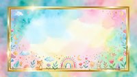 Pastel watercolor background with gold frame, cute woodland animals, rainbow, clouds, flowers, and stars for nursery, baby shower, or kids card design.
