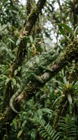 Green chameleon camouflaged on moss-covered branch in lush tropical rainforest environment with ferns and dense vegetation creating natural wildlife habitat.