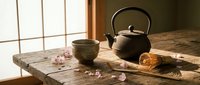Traditional Japanese tea ceremony setup with cast iron teapot, ceramic cup, and cherry blossoms on wooden table in serene room with natural sunlight streaming through window.