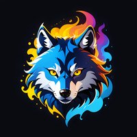 Mystical wolf head with vibrant blue and orange flame-like mane on black background, stylized artistic design for merchandise and apparel decoration.