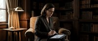 Mature woman with light skin tone and shoulder-length brown hair, wearing glasses and professional dark blazer, reading document in upholstered armchair within wood-paneled library setting with bookshelves and desk lamp.